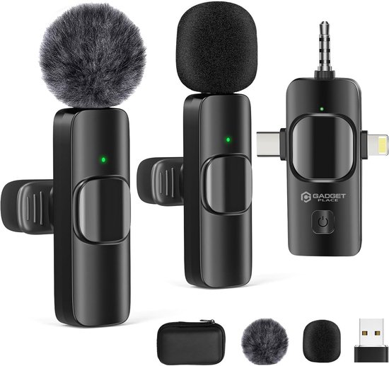 Deux microphones cravate noirs et compacts avec indicateurs LED verts, dont un avec bonnette anti-vent. Housse de protection, bonnettes supplémentaires et dongle USB inclus.