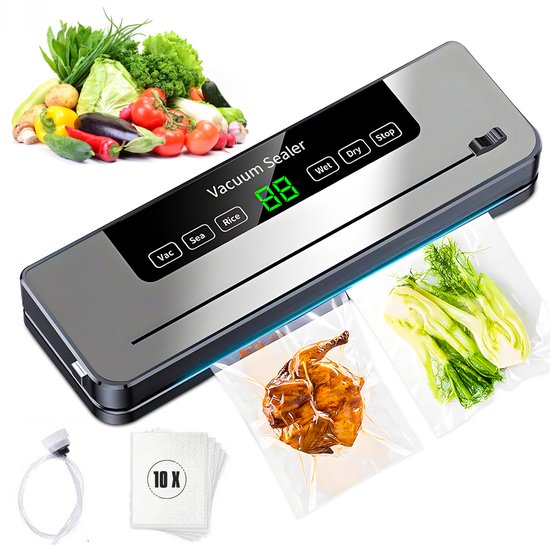 Machine sous vide noire avec écrans verts, scellant un poulet et des légumes.