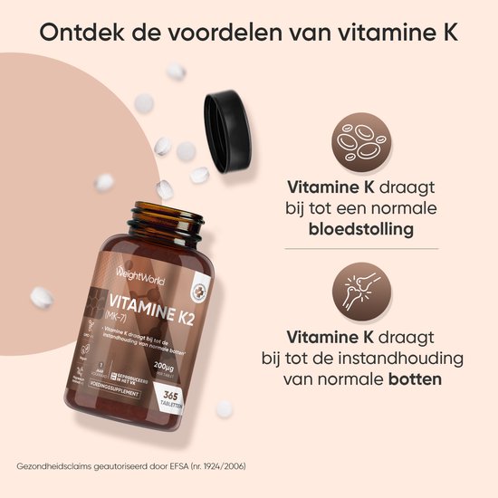 Bruine fles WeightWorld Vitamine K2 (MK-7) tabletten, omringd door iconen en tekst over de voordelen van vitamine K voor botten en bloedstolling.