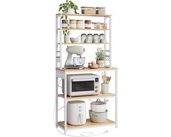 VASAGLE KeukenKAST met stopcontacten, staande plank voor keuken, magnetronplank, staand, 6 planken en 6 haken, voor magnetron, stalen frame, 40 x 80 x 167 cm, Golden Oak Cloud White KKS119Y02