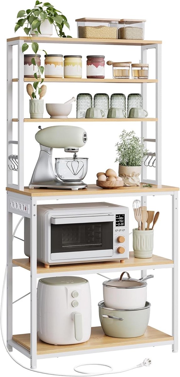 VASAGLE KeukenKAST met stopcontacten, staande plank voor keuken, magnetronplank, staand, 6 planken en 6 haken, voor magnetron, stalen frame, 40 x 80 x 167 cm, Golden Oak Cloud White KKS119Y02