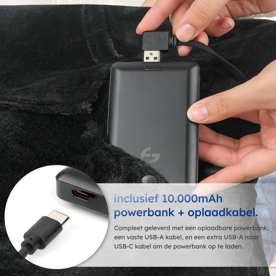 Couverture chauffante à capuche – 3 niveaux de chauffage – Batterie 10 000 mAh – Polaire – Taille unique – Zwart – par Saaf