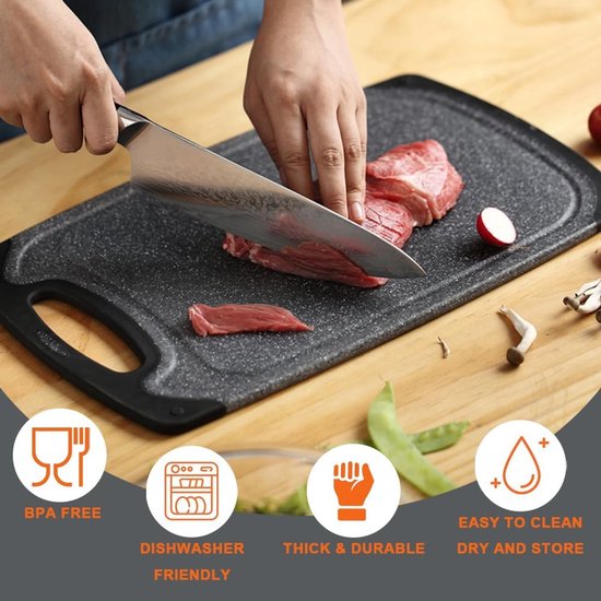 Set de Planches à découper Royalty Line ® CB3PCB - 25/31/40 cm - Antidérapantes - Poignée ergonomique - Planches de cuisine - Passe au lave-vaisselle - Plastique - Avec zone de broyage pour broyer l'ail et le gingembre - Zwart