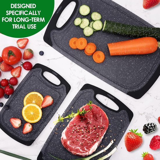 Set de Planches à découper Royalty Line ® CB3PCB - 25/31/40 cm - Antidérapantes - Poignée ergonomique - Planches de cuisine - Passe au lave-vaisselle - Plastique - Avec zone de broyage pour broyer l'ail et le gingembre - Zwart