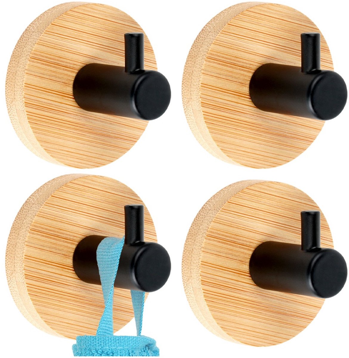 Zelfklevende Haak Houten Metaal Zwart 5x3,5 cm 4 stuks - Haken - Handdoekhaak - Haakjes - Wandhaakjes - Ophanghaken