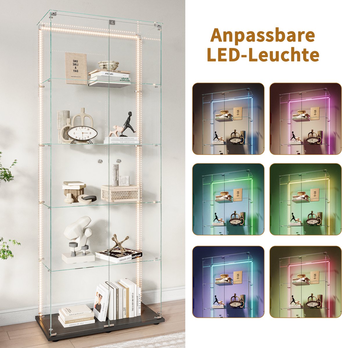 Glazen vitrine met LED - vitrinekast voor verzameling, 2 deuren, 5 planken in ESG-glas, voor slaapkamer, woonkamer en bar, 186 x 78,5 x 35 cm (zwart, LED-strip)