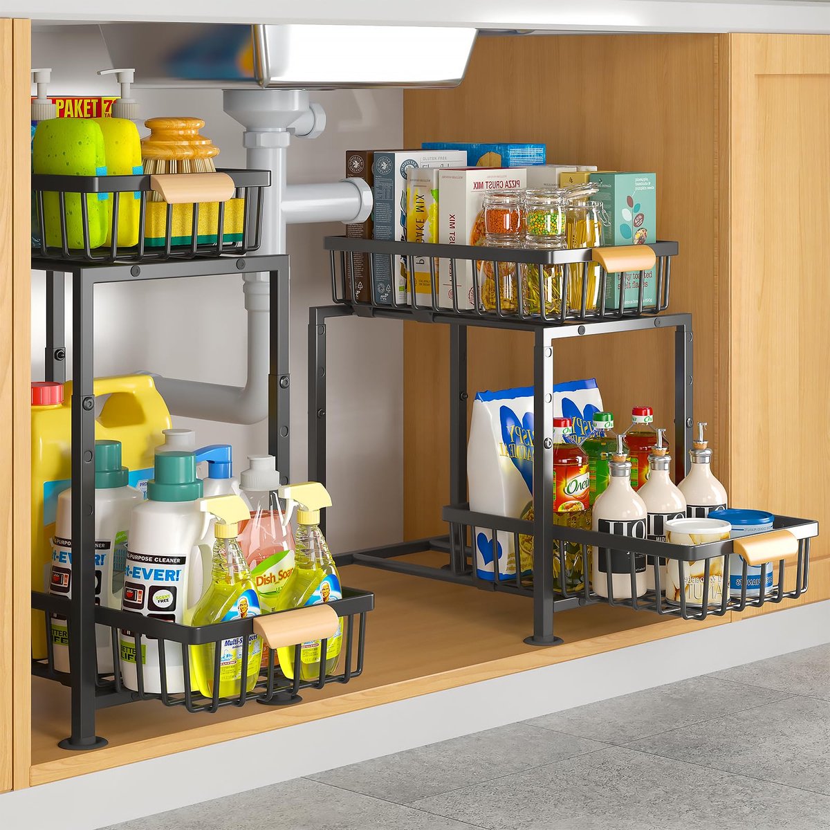 Ibenzoa® Set van 2 keukenrekken met verstelbare manden en houten handgrepen