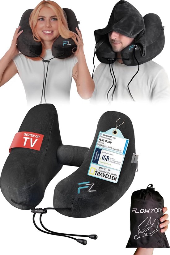oreiller cervical gonflable pour les voyages en avion, en voiture, en train, gonflable rapidement, support de cou et de menton, idéal pour les longs voyages, ensemble avec capuche, gris, noir