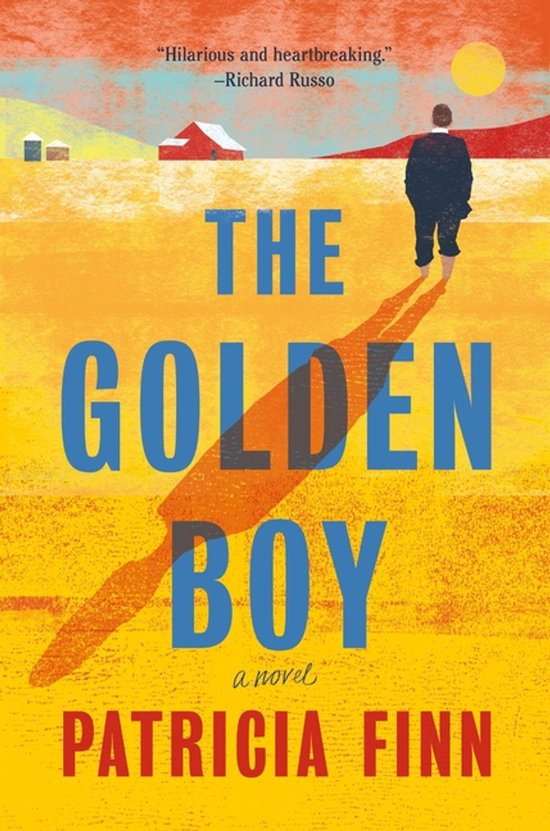 Boekomslag met de titel 'The Golden Boy' van Patricia Finn. Een man loopt weg in een zonnig landschap met een lange schaduw.