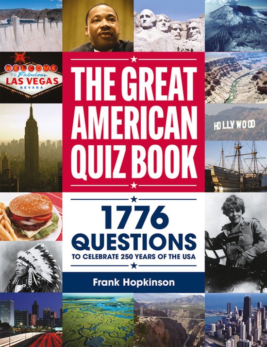 De kaft van 'The Great American Quiz Book' met beelden van de VS, inclusief Mount Rushmore, Las Vegas en de Empire State Building.