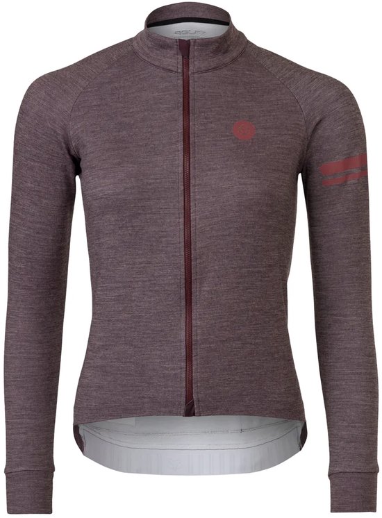 Paars wielershirt met lange mouwen, ritssluiting, opstaande kraag en AGU-logo op de borst. Rode strepen op de mouw.