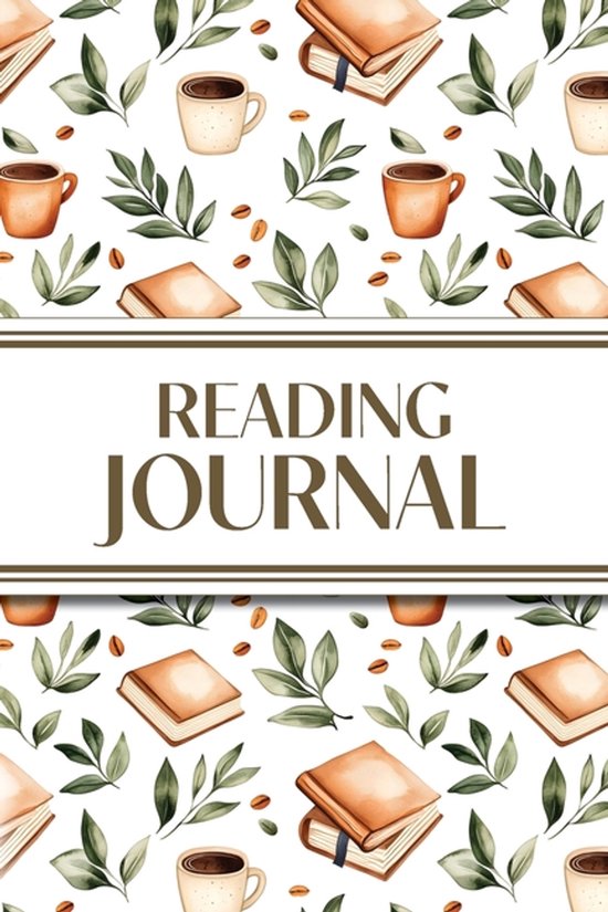 Carnet de lecture avec un motif de tasses à café, de livres et de feuilles vertes.
