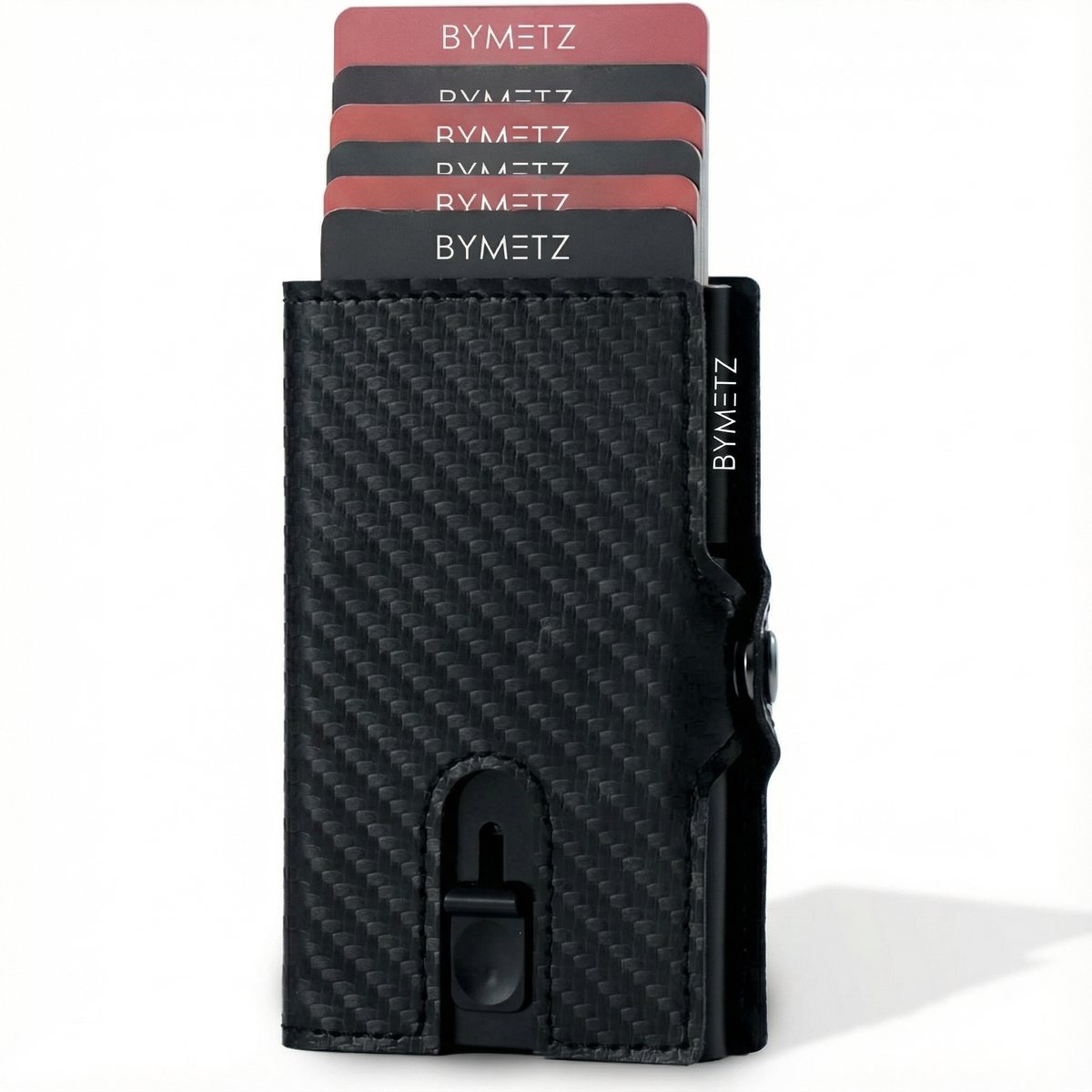ByMetz® Anti-Skim Pasjeshouder met RFID – Carbon Fiber Leer – 7 Pasjes + Muntvak & Briefgeld – Cadeauverpakking – Zwart