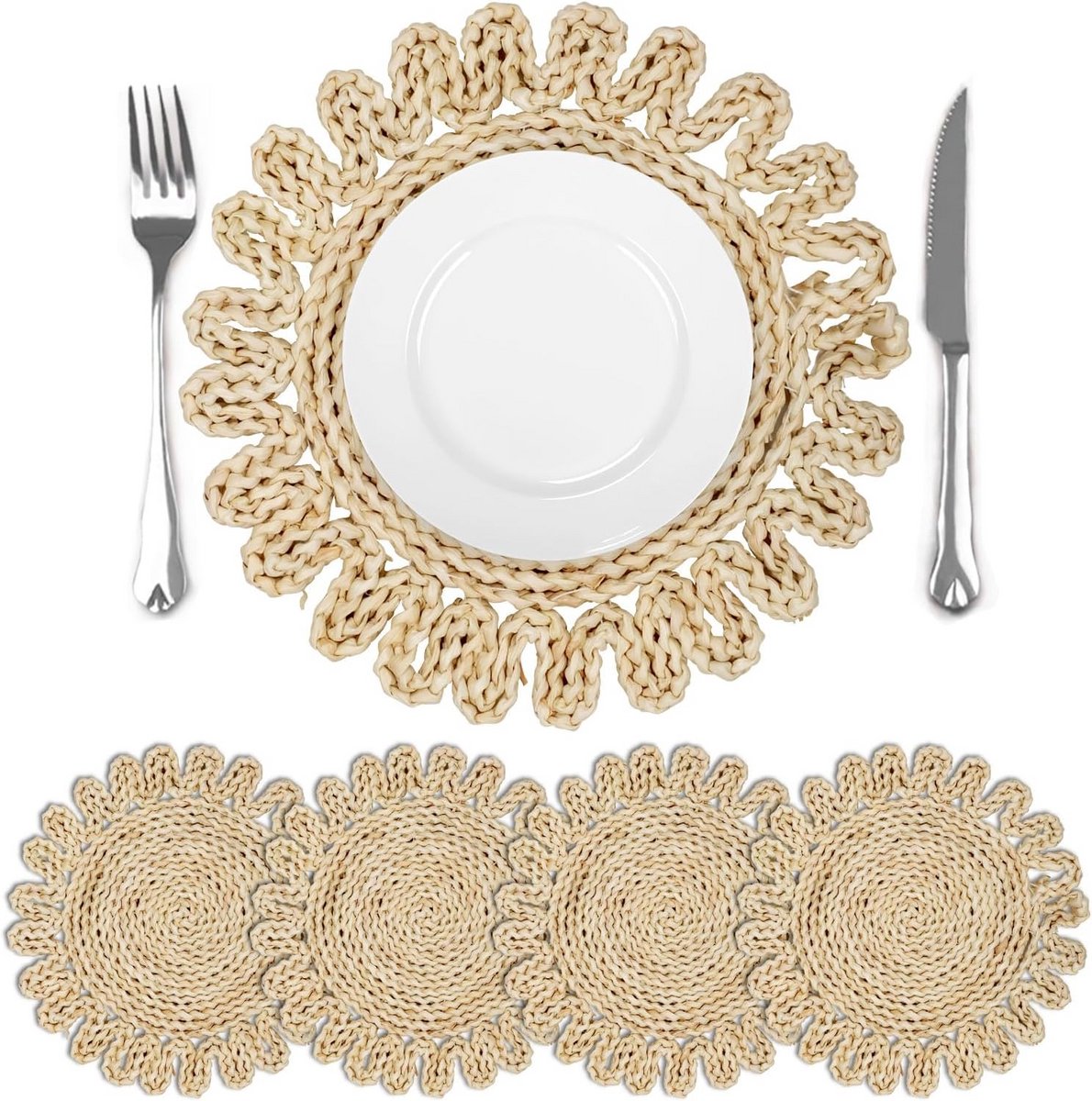 Set van 4 Ronde Geweven Placemats van Natuurlijk Materiaal - Hittebestendig en Antislip