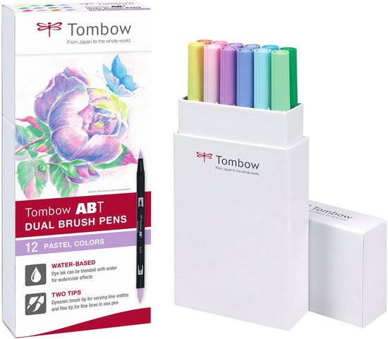 Doos met 12 Tombow ABT Dual Brush pennen in pastelkleuren, met een illustratie van een roos en vlinder op de voorkant.