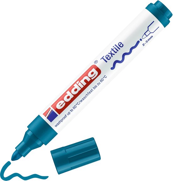 Blauwe Edding textielstift met streep, wasbestendig tot 60°C.