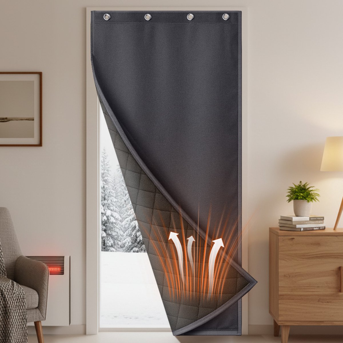 Qelus Warmtewerend Deurgordijn - Stevig en Robuust Isolerend Gordijn, Water - en Winddicht, Geluidsreducerend, Zelfklevend, Geschikt voor Thuis, Winkel of Restaurant - 1 Stuk (Grijs, B100 x H210cm)