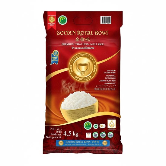 Golden Royal Bowl Jasmine Geurige Rijst, Premium Thaise Hom Mali Rijst, Langkorrelige Aromatische Rijst voor Koken en Bijgerechten, 4,5 kg met Kajal Sticker