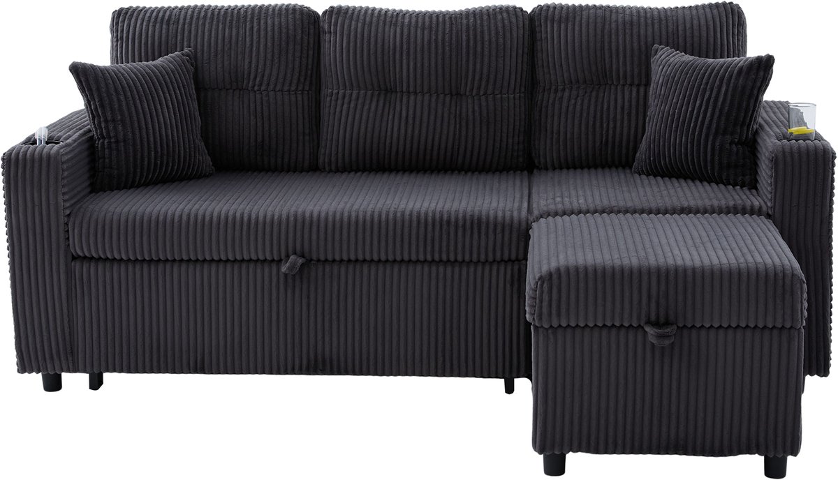 Multifunctionele corduroy bank met opbergruimte en uitschuifbaar bed. Inclusief USB-C-aansluiting, sfeerverlichting, bekerhouders en brede armleuningen. Creëert gezellige en comfortabele ruimtes in woonkamers en logeerkamers.