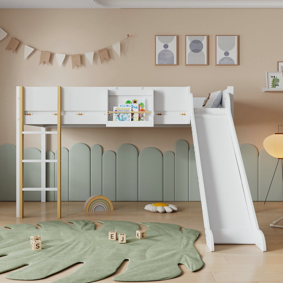 VVBV Hoogslaper - met drie rechte treden - met glijbaan - Den + MDF - Wit + Naturel - 90x200 cm - Zonder matras