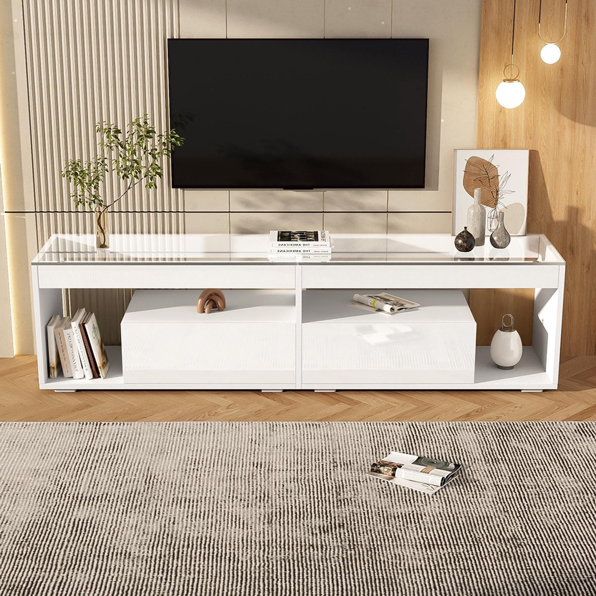 BLACKCOLORS Glanzend LED-tv-meubel, geschikt voor tv's tot 70 inch, zwart tv-meubel voor de woonkamer met 2 lades, tv-meubel, console voor de woonkamer en slaapkamer, wit