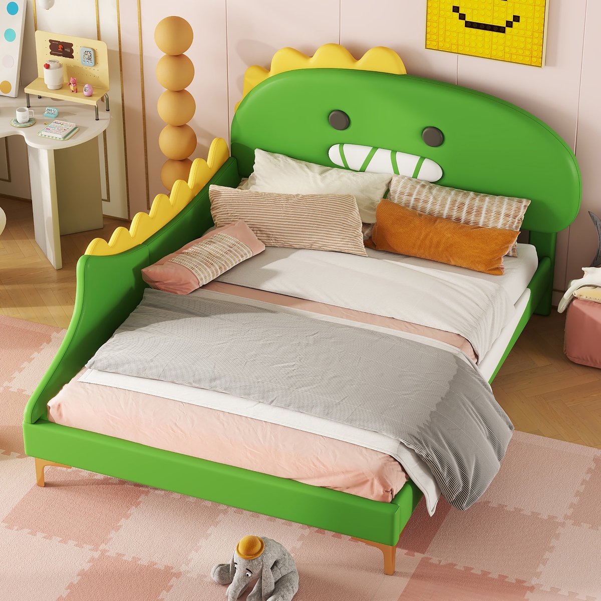 OKWISH Kinderbed 140x200 cm - Cartoon Dinosaurus Hoofdeinde - Laagbed Zonder Opbergruimte - MDF Frame & PU - Groen - Zonder matras