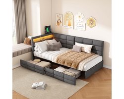 Moderne slaapbank met opbergruimte, 90×200 cm, LED-verlichting, gestoffeerd bed met USB-oplaadpoorten, 2 lades, exclusief matras