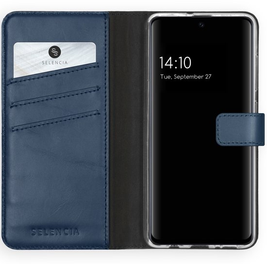 Étui portefeuille bleu en cuir véritable ouvert avec téléphone et carte Selencia.
