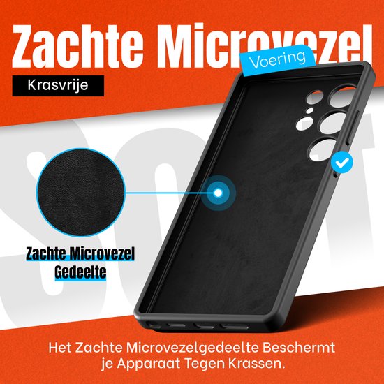 Zwarte hoes met zachte microvezel voering. Krasvrije bescherming van het apparaat aan de binnenkant.