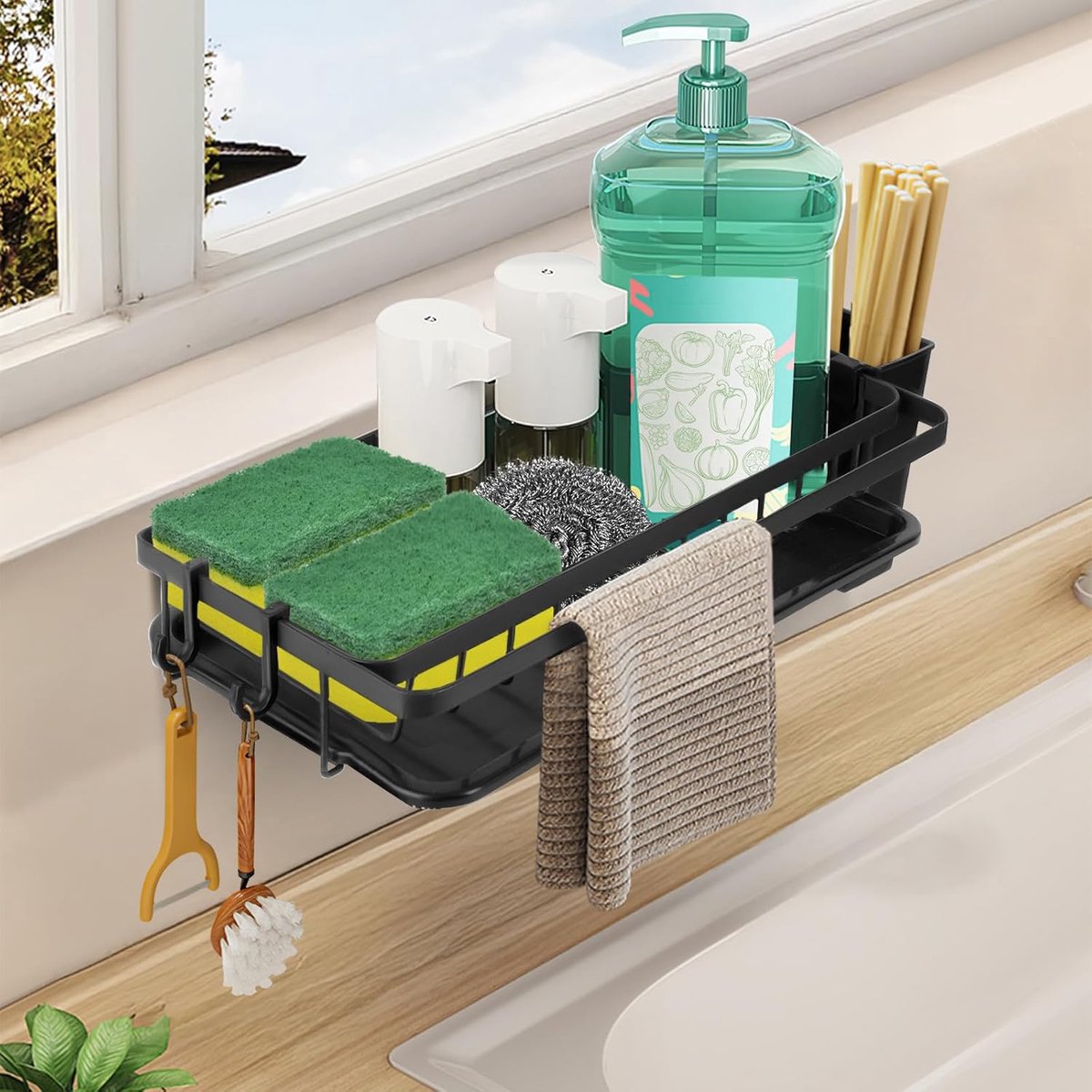 Famanu – Hangende spoelbak organizer zonder boren – Sponshouder met afneembare afvoer, handdoekhouder en haak – Voor keuken en badkamer