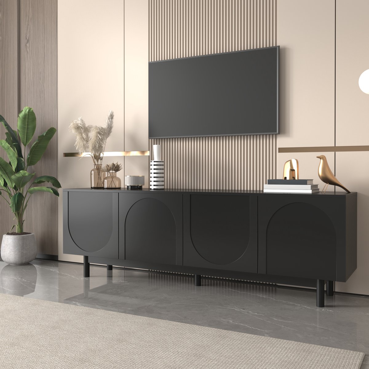REDOM TV-kast - MDF - met deuren - 175 cm x 38 cm x 56 cm, Black Zwart