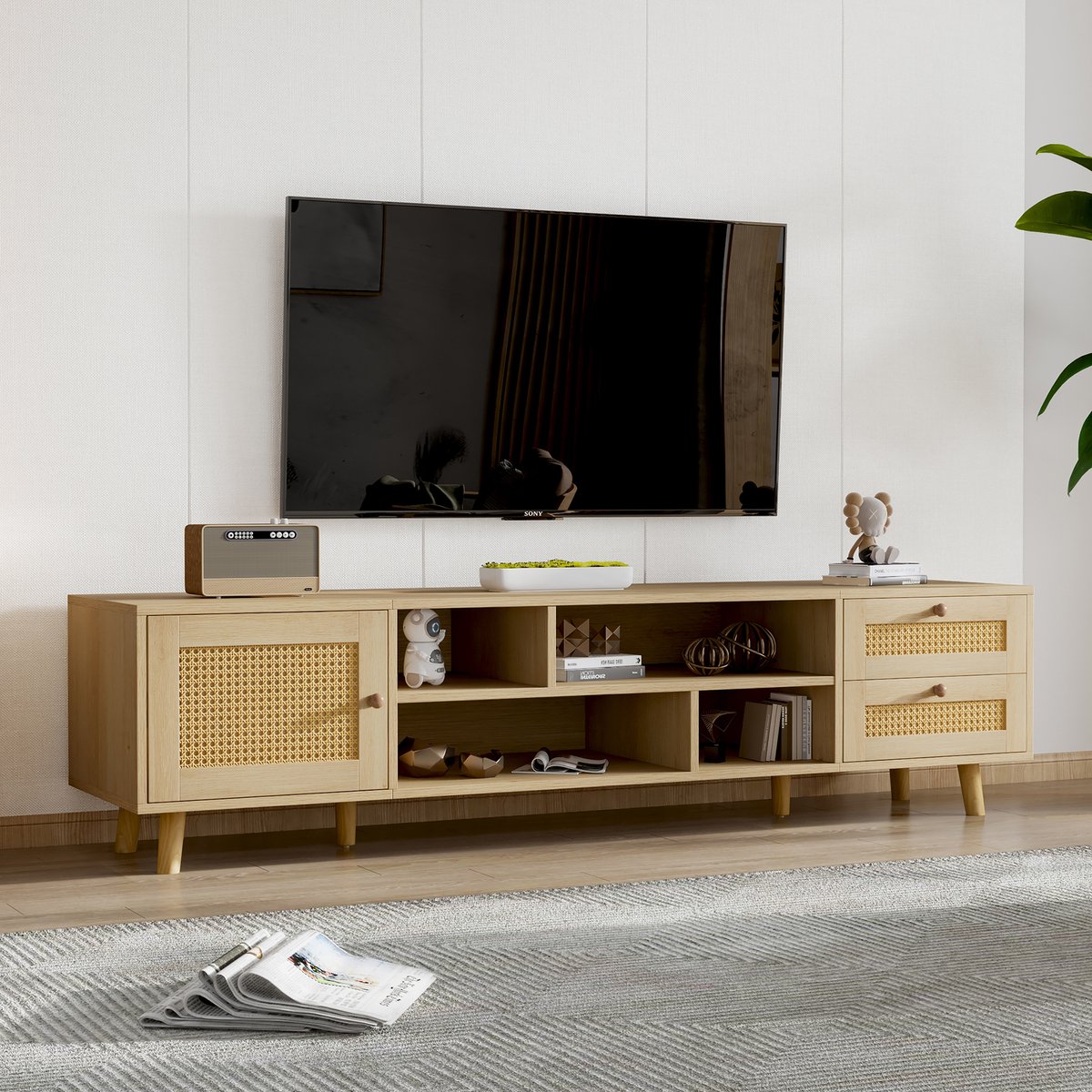 REDOM - TV-meubel - spaanplaat en rattan - met 2 lades en 1 deur - 160*39*40.5 cm(L*W*H) O