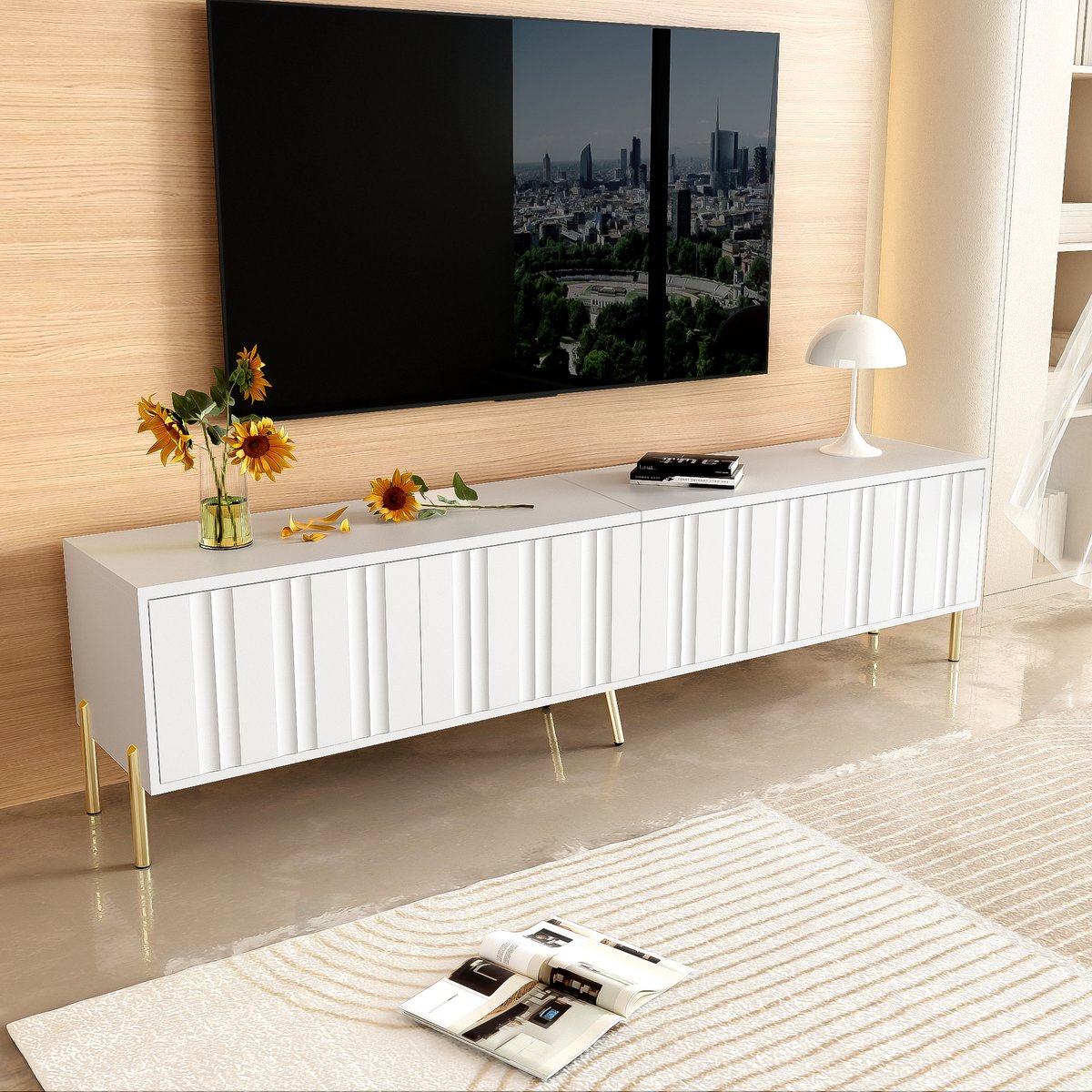 REDOM - TV-kast - MDF - met deuren - 190 cm Länge x 38 cm Breite x 48 cm Höhe - White
