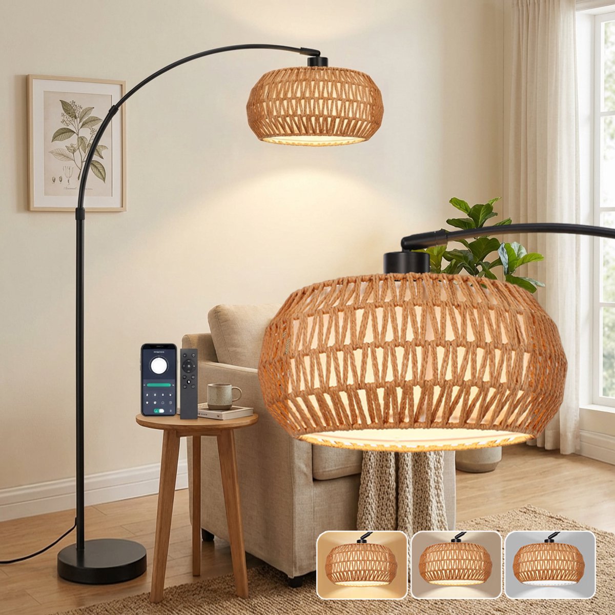 MUPOO Rotan Vloerlamp - Boho Leeslamp Woonkamer