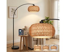 MUPOO Rotan Vloerlamp – Boho Leeslamp Woonkamer – E27 Staande lamp – met afstandsbediening – Stoffen Lampenkap – Dimbaar – 185cm – voor gebruik in slaapkamers