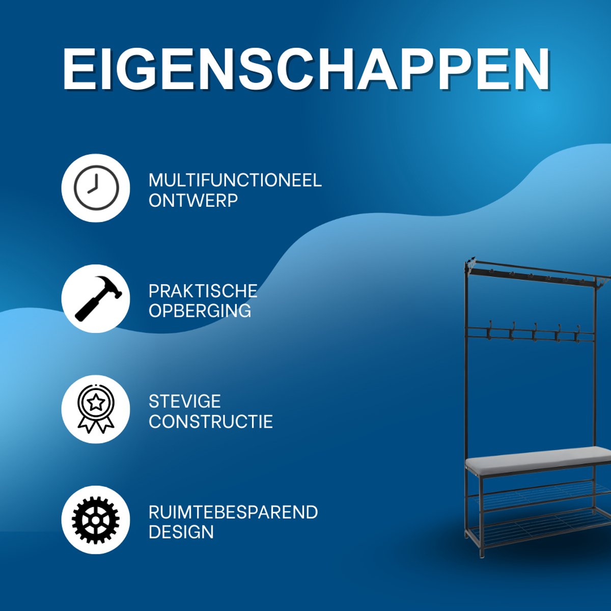 Kapstok met bank - Kledingrek - Schoenenrek - Voor kledingopslag en schoenen - Multifunctioneel - Met haken en bankje - Lichtgrijs – foto 2