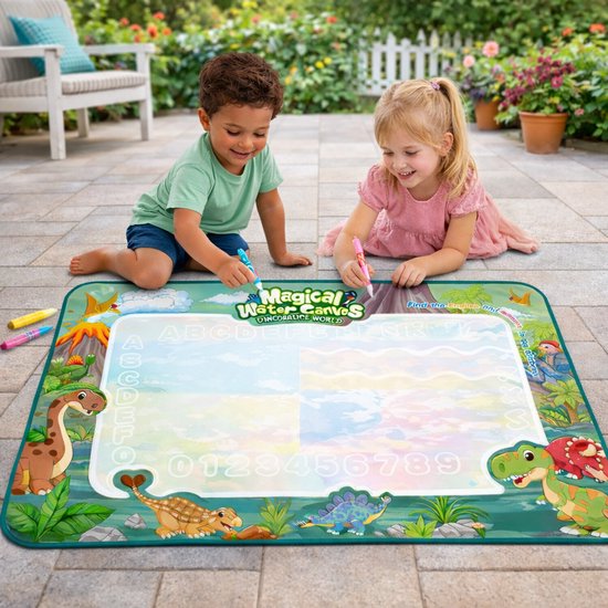 Twee lachende kinderen spelen buiten op een grote watermat met dino thema, gebruikmakend van waterpennen.