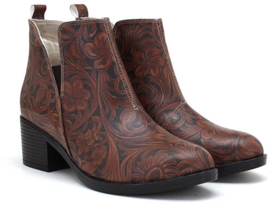 GOBY Dames Enkellaars – Floral Vintage Print – Vegan Leer – Handgemaakt - Taille: 37