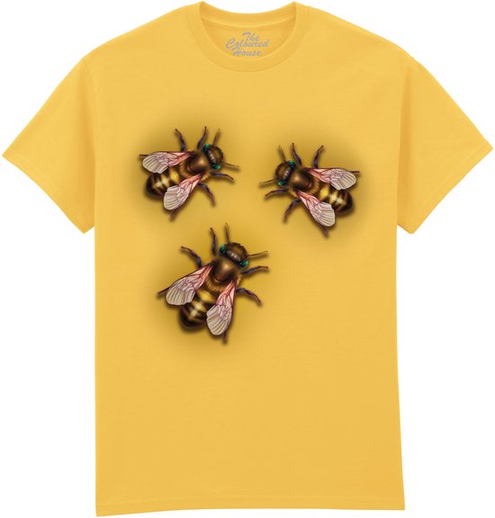 T-shirt jaune avec trois abeilles réalistes aux corps rayés et aux ailes transparentes.