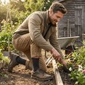 Man in de tuinwerkzaamheden met Sukats antraciet sokken met rode streep, gedragen met bruine werkschoenen.