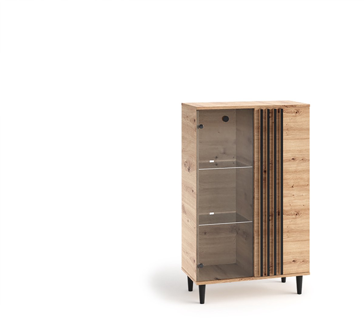 Vitrine Laura I Glas Bar Kast Kasten Rek Houten meubels Glazen deur met houten poten Staande vitrine Woonkamer kast