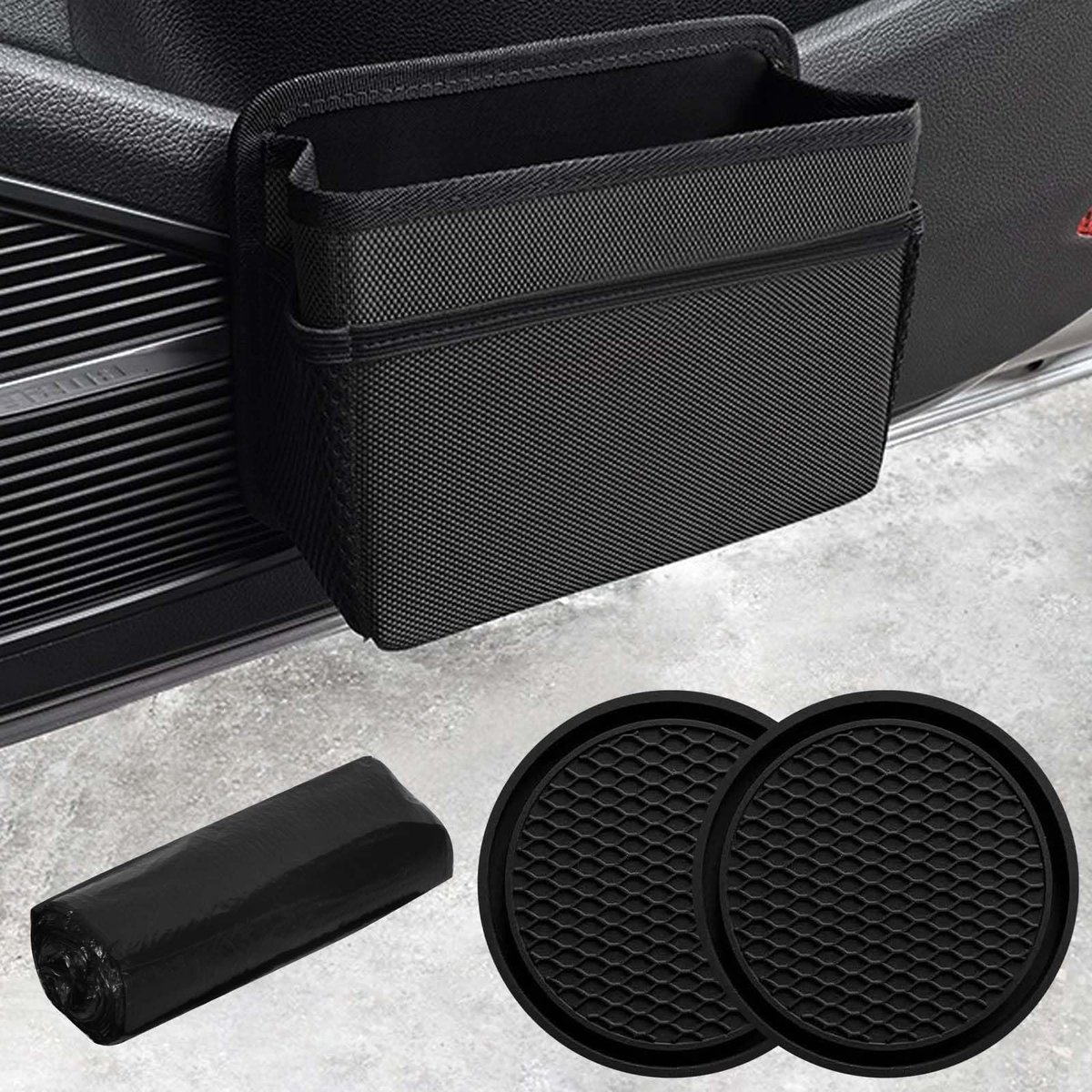 IMPERATORIS® Auto Prullenbak - Afvalzak voor Auto - Waterdichte Vuilniszak met Deksel - Bevestiging aan Hoofdsteun - 1 Stuk - Zwart - 20L x 7.5W x 14H - Inclusief 2 onderzetters voor in de autobekerhouder en 1 rol vuilniszak.