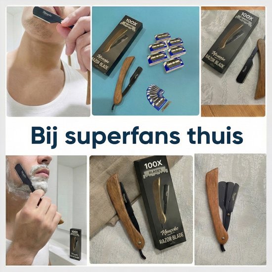 Inhoud van de doos: barbiersmes, 100 half scheermesjes en handleiding.