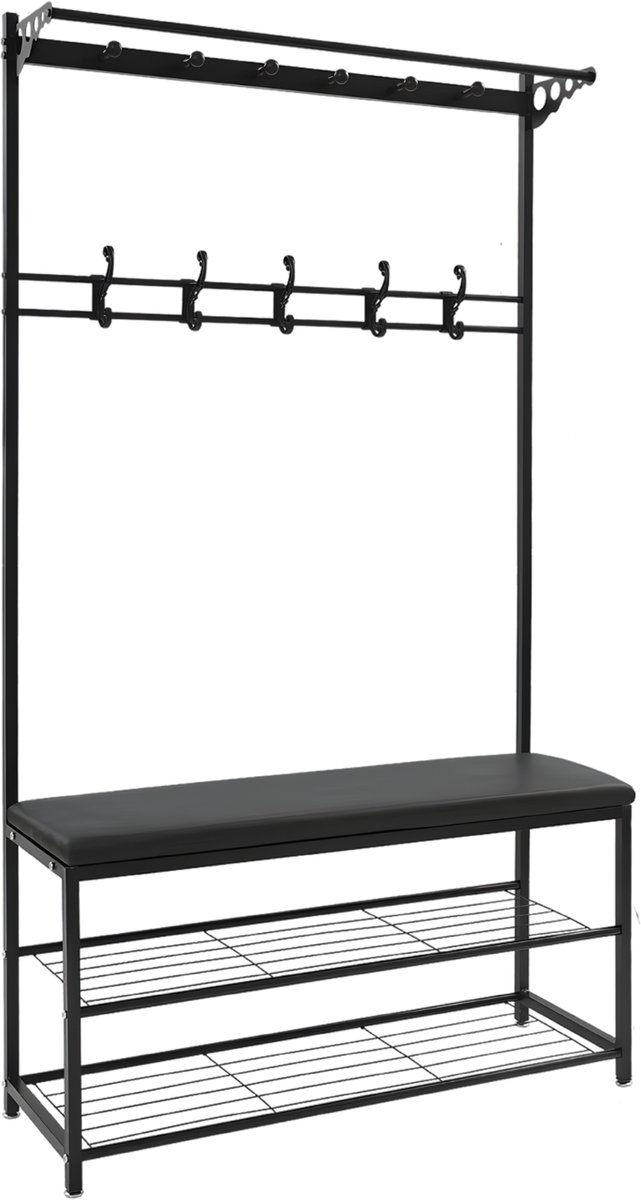 Kapstok met bank - Kledingrek - Schoenenrek - Voor kledingopslag en schoenen - Multifunctioneel - Met haken en bankje - Zwart