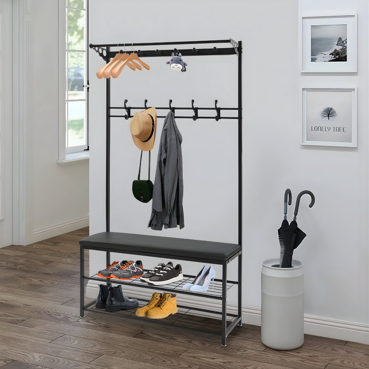 Kapstok met bank - Kledingrek - Schoenenrek - Voor kledingopslag en schoenen - Multifunctioneel - Met haken en bankje - Zwart – foto 6