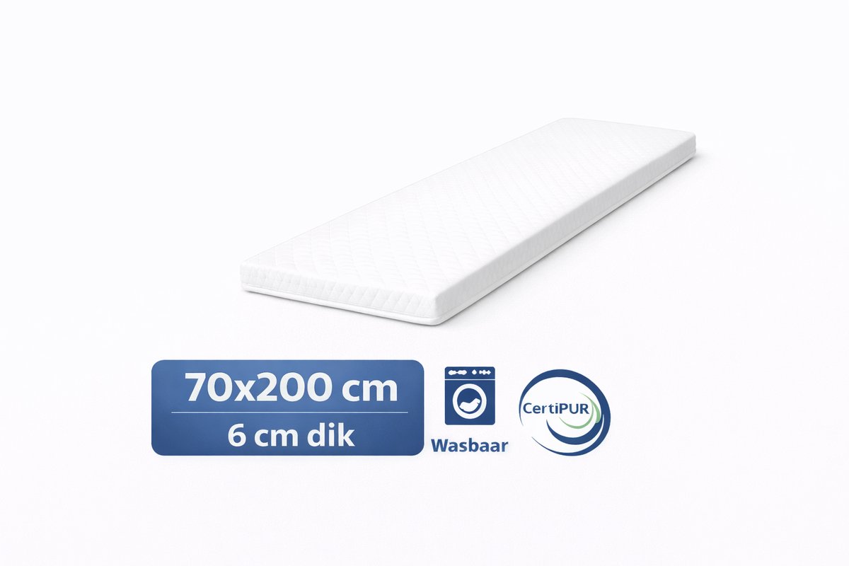 kikishop Topdekmatras 70x200 – 6 cm HR Koudschuim – Afritsbaar & Wasbaar – CertiPUR® Gecertificeerd – Medium Hardheid – Comfort Matrastopper wit