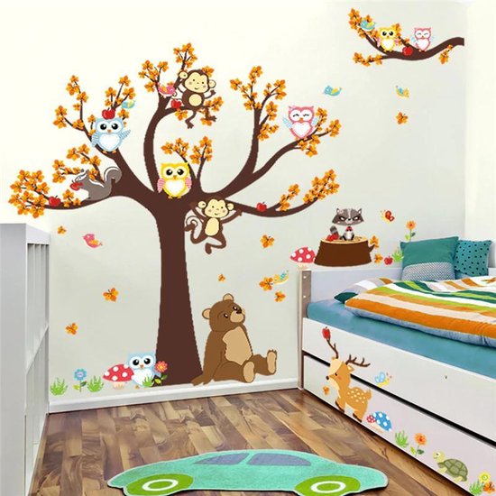 Decoratie stickers Muur & Wand voor slaapkamer, kinderkamer en babykamer, Muursticker Apen in boom met uilen