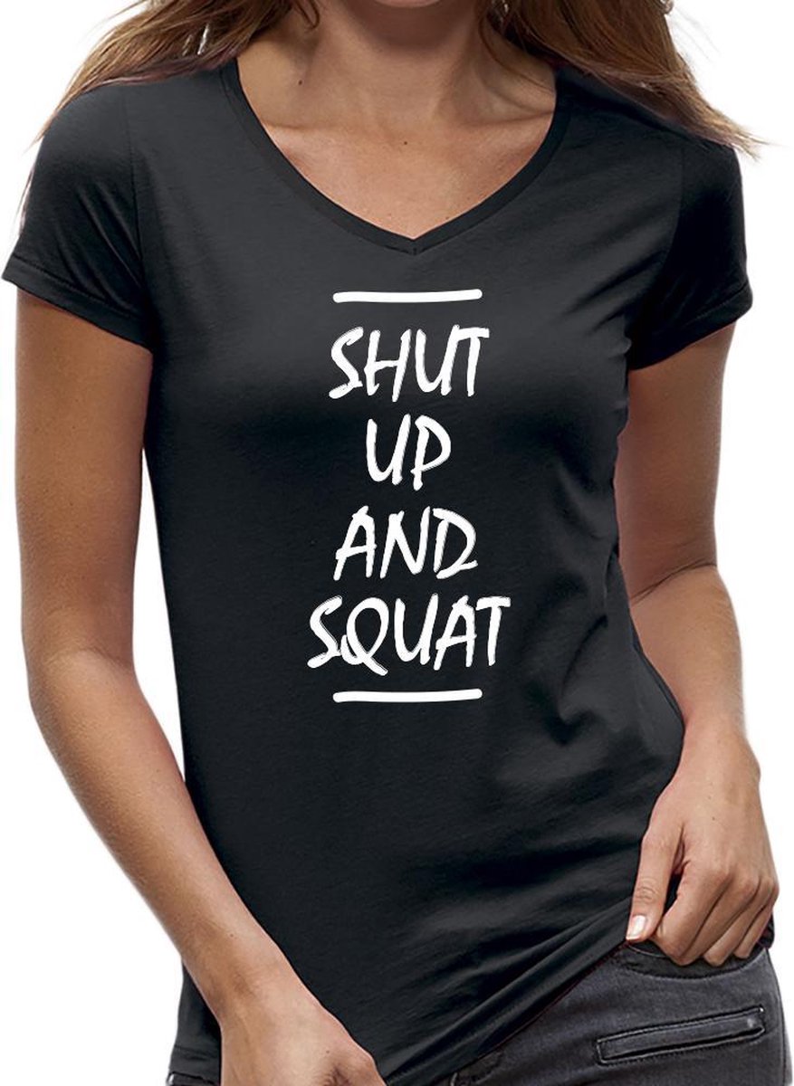 Shut up and Squat dames - vrouwen sport t-shirt / korte mouw / zwart - maat XL