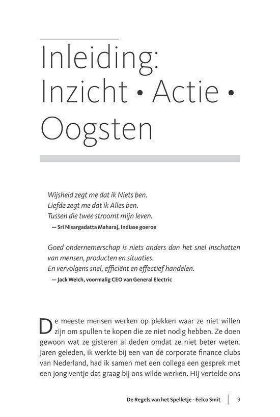 Pagina uit het boek met de titel 'Inleiding: Inzicht • Actie • Oogsten' en citaten van Sri Nisargadatta Maharaj en Jack Welch.