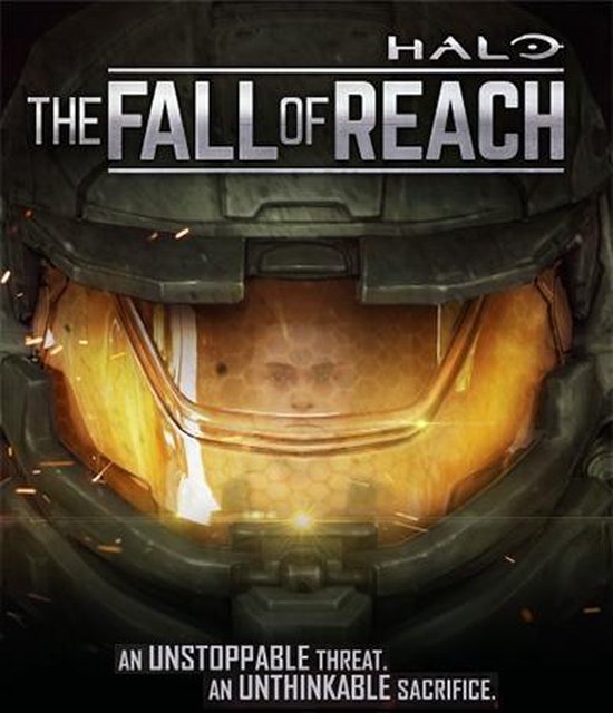 Blu-ray hoes van Halo: The Fall of Reach met een close-up van Master Chief's helm, oranje vizier met reflecties, met tekst 'AN UNSTOPPABLE THREAT. AN UNTHINKABLE SACRIFICE.'